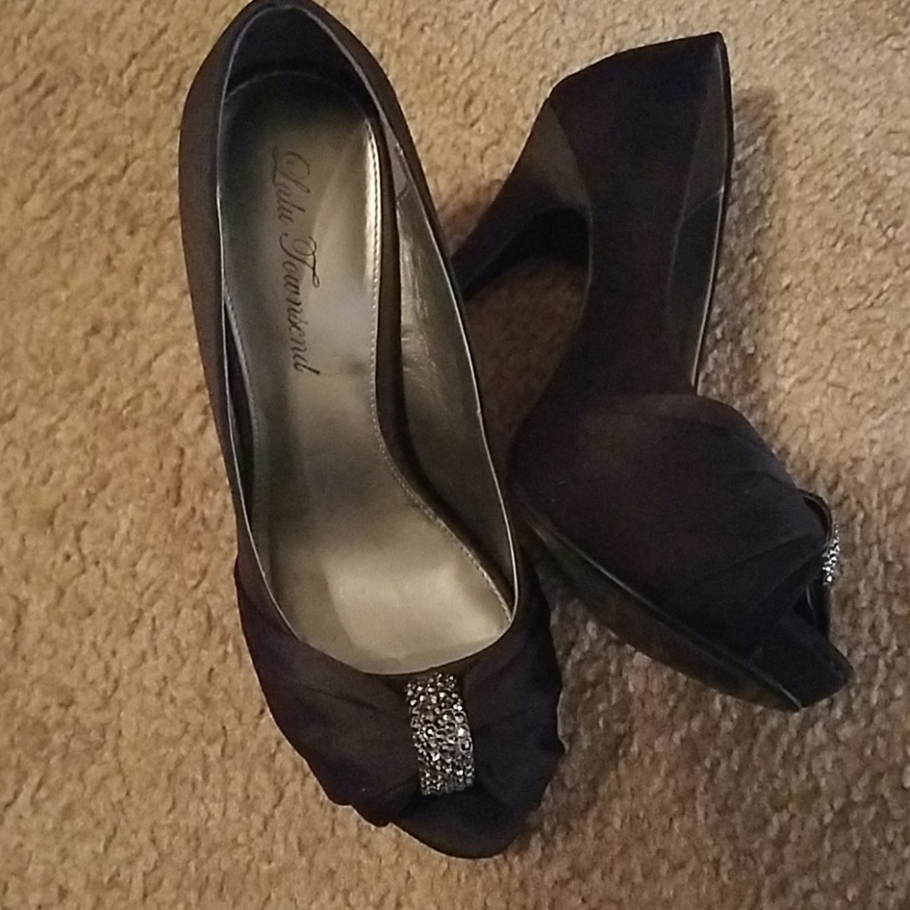 Black satin peep toe high heel shoes